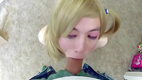 Deepthroat porn video of a blonde tranny giving head to a dick