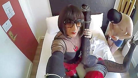 Horny brunette gets fucked in hotel room in cross dressing