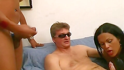 Busty brunette and her blonde friend share a big cock